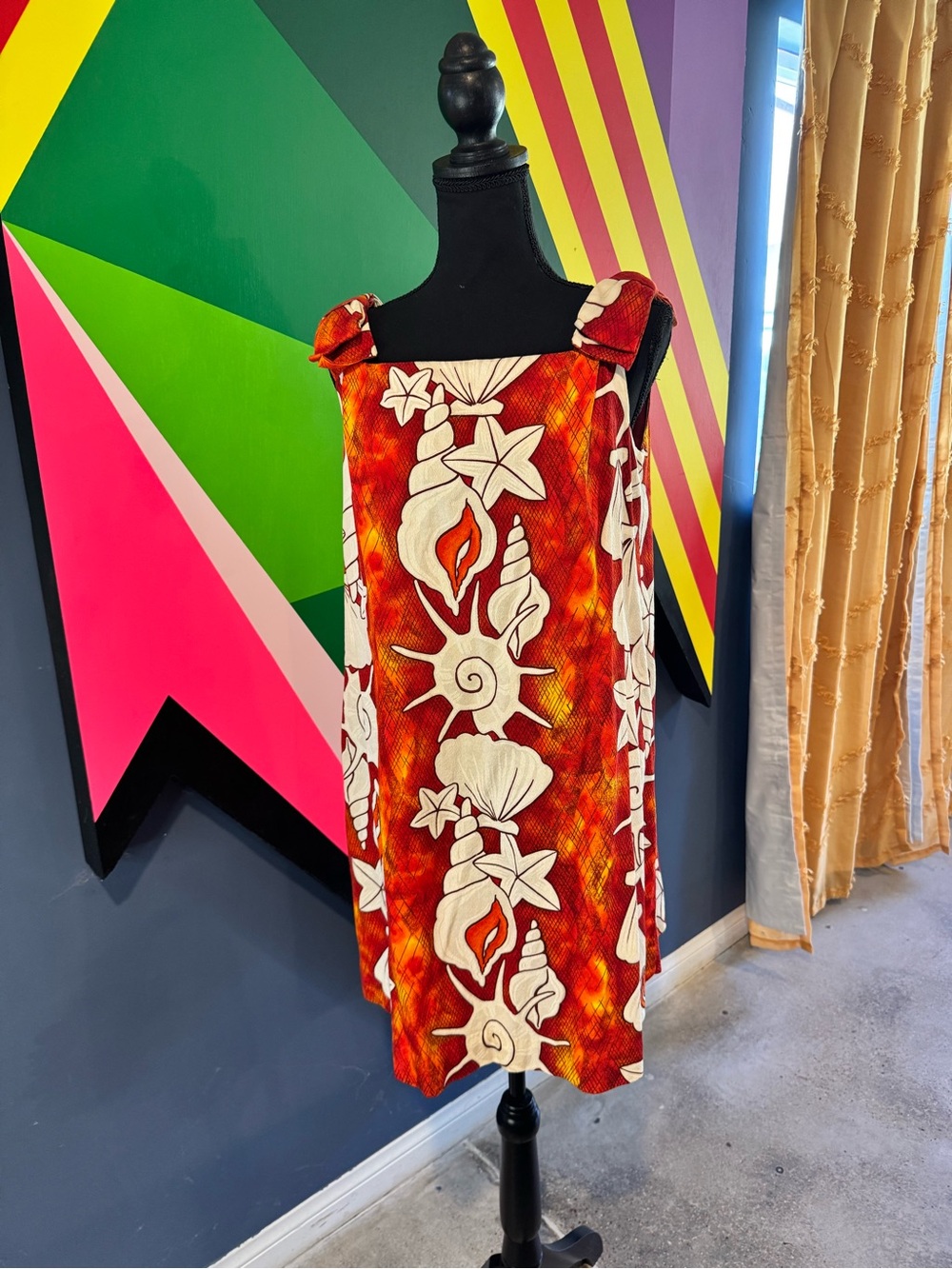 Vintage 1960s Barkcloth Tiki Seashell Print Hawaiian Swing Mini Dress